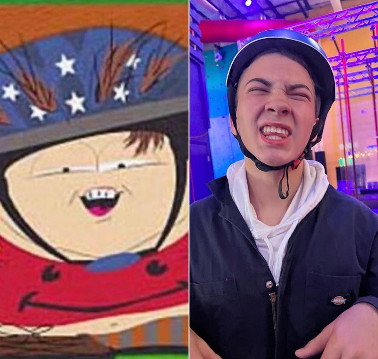 Side-by-side of Cartman in a helmet and Sruly grinning in a helmet
